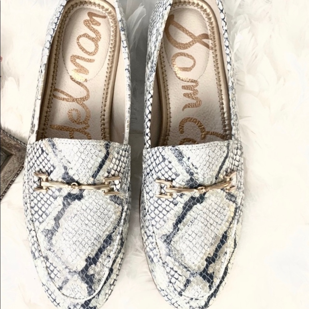 Sam Edelman White and Grey Snakeskin Bit Loafers